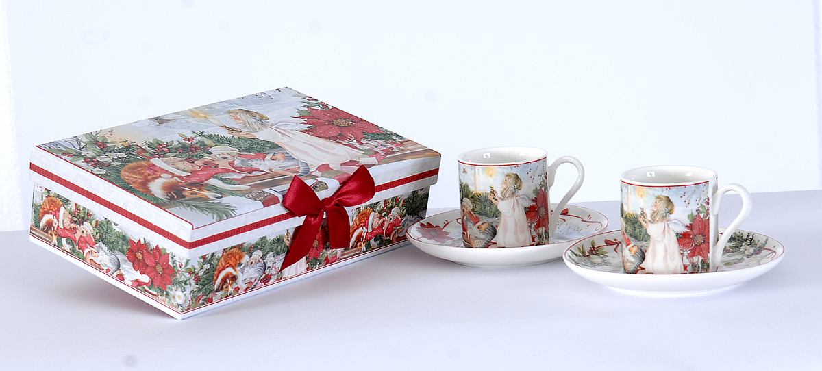 Set 2 Cești de Cafea Angel Christmas cu Farfurii 22cm