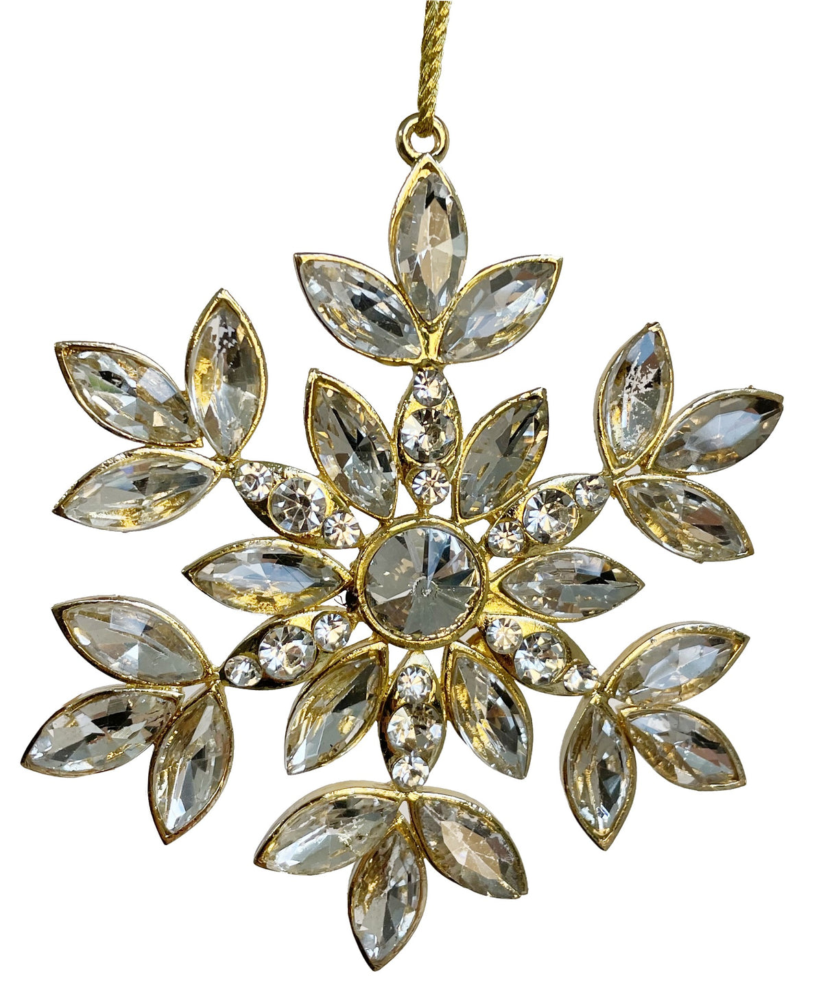 Ornament Fulg de zăpadă cu cristale și ramă aurie 9 cm