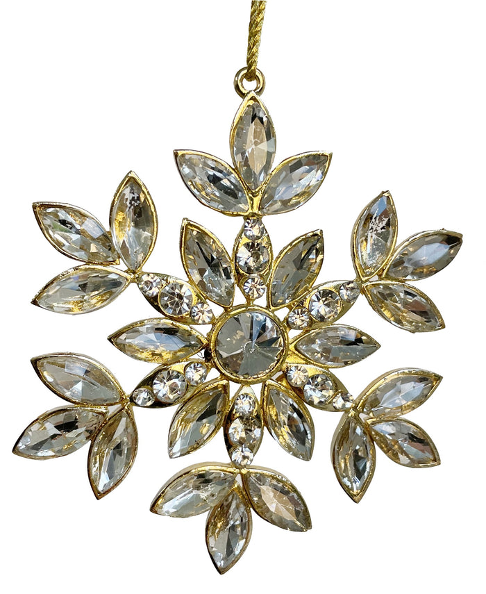 Ornament Fulg de zăpadă cu cristale și ramă aurie 9 cm